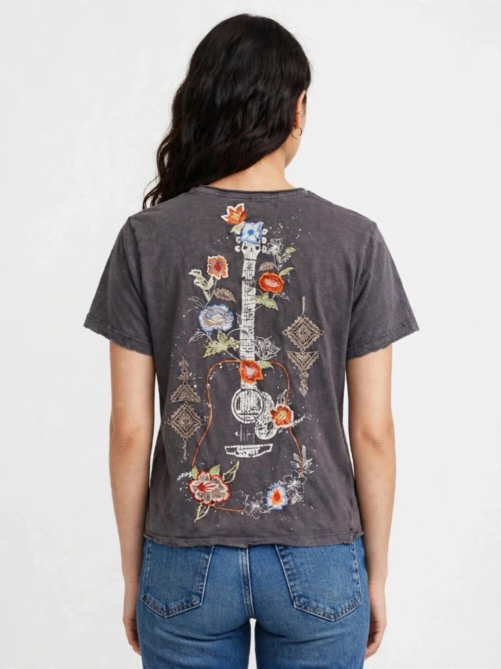 NWT Kyla Seo Comfort Rena Tee Dark Grey Embroidered Guitar Floral Size S - Small